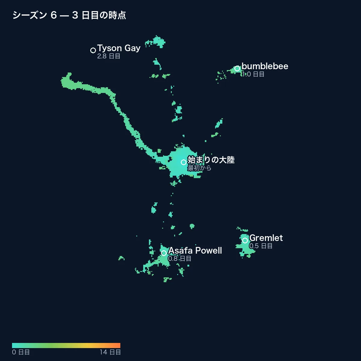 3 日目のシーズン 6 の地図：中央の島、北西へ長く掘られた道、新しい大陸のまわりの小さな開拓地