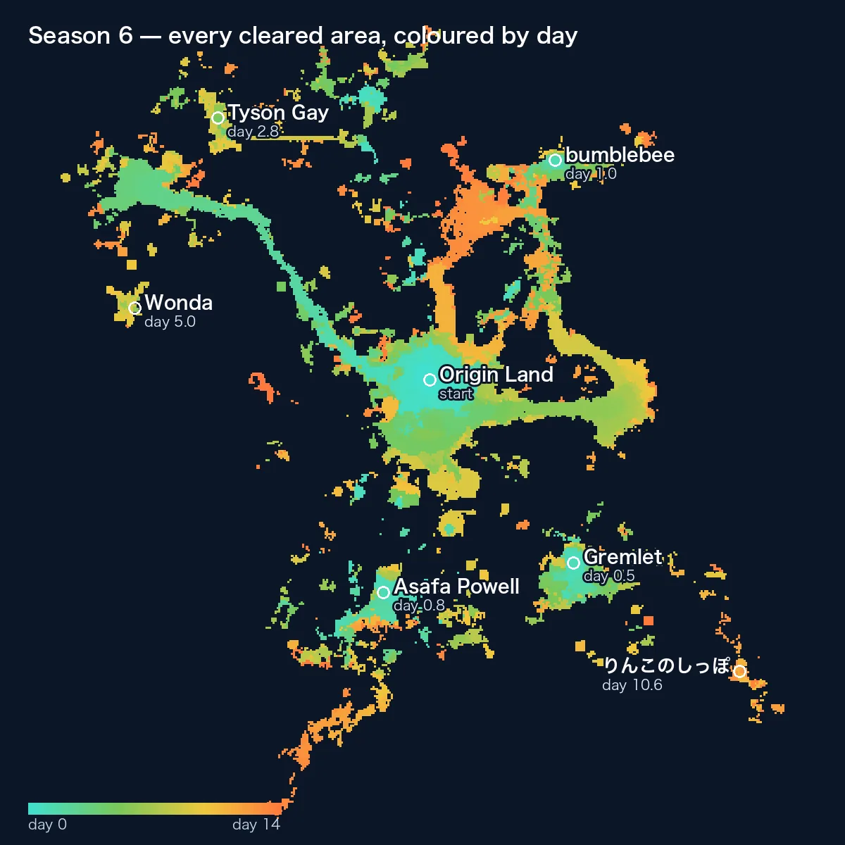 Map of Season 6: every cleared area, coloured by the day it was cleared, with the seven continents marked