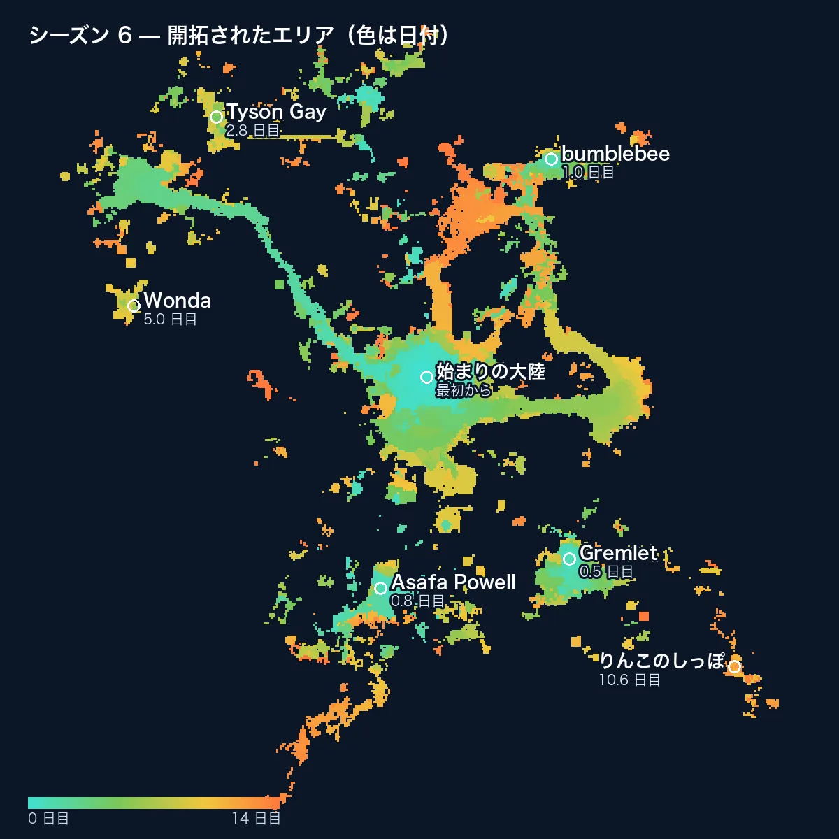 シーズン 6 の地図:開拓されたすべてのエリアを日付ごとに色分けし、7 つの大陸の位置を示したもの