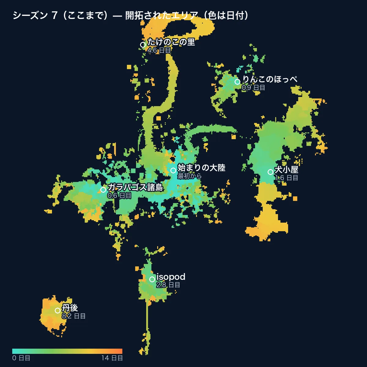 ここまでのシーズン 7 の地図:開拓されたすべてのエリアを開拓した日ごとに色分けし、7 つの大陸の位置を示したもの